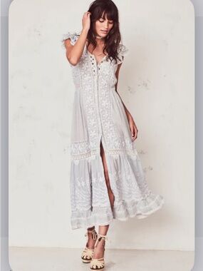 Loveshackfancy riviera blue Valentina rare midi lace lattice button up dress s